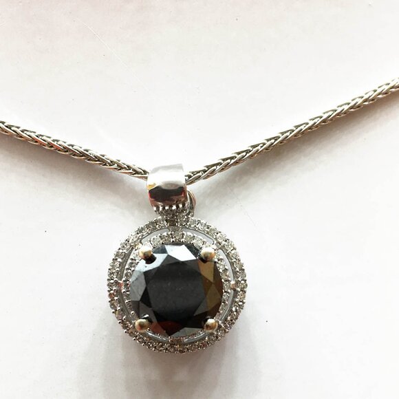 1.88 CTW Black Diamond and White Halo Diamond 14K White Gold Pendant & 14K Chain - Picture 2 of 11
